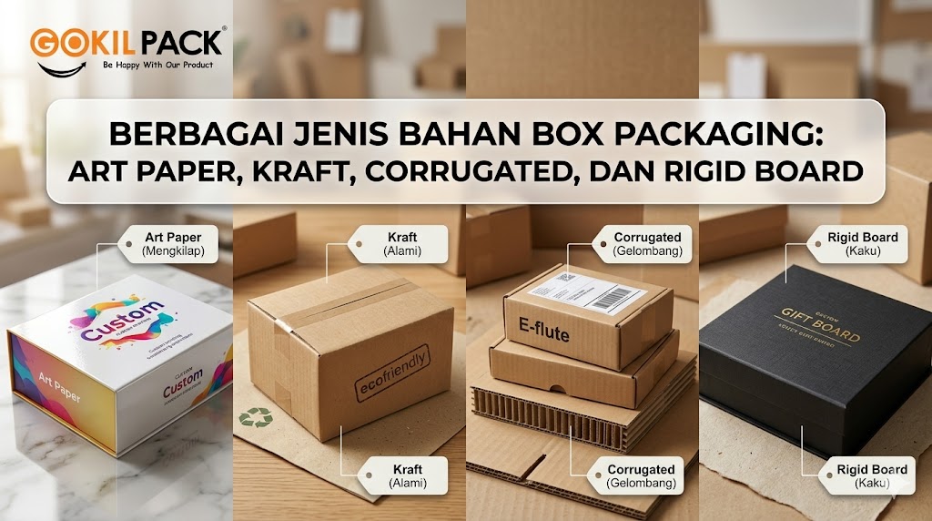 Berbagai jenis bahan box packaging: art paper, kraft, corrugated, dan rigid board