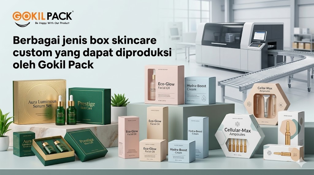 Box skincare custom premium – tampilan berbagai jenis kemasan skincare dari Gokil Pack