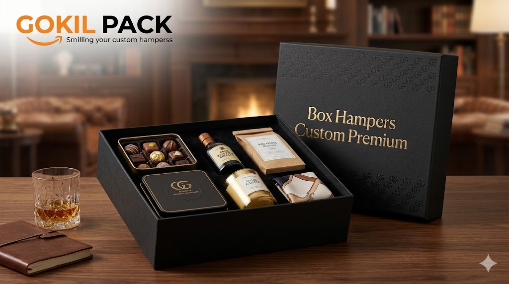 Box hampers custom premium Gokil Pack dengan finishing hot stamping dan laminasi doff