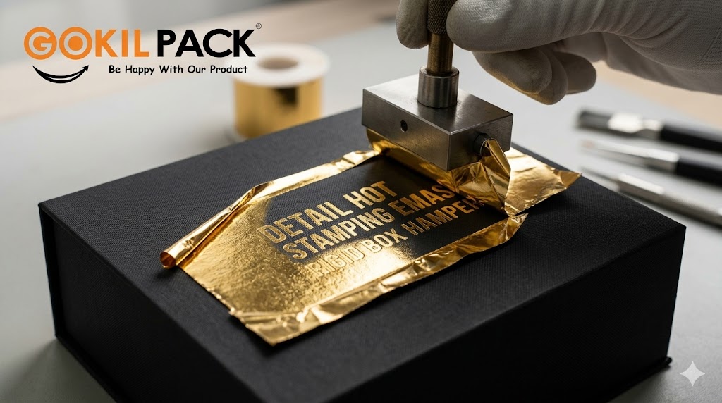 Detail finishing hot stamping dan spot UV pada box hampers custom Gokil Pack
