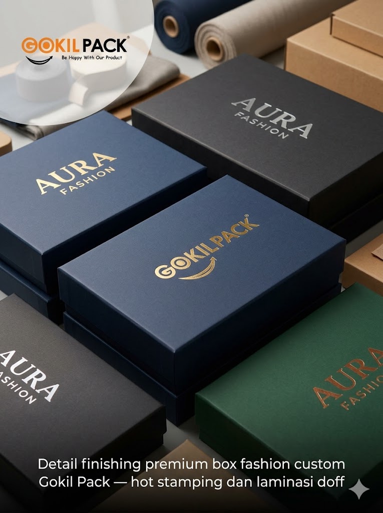 Detail finishing premium box fashion custom Gokil Pack — hot stamping dan laminasi doff