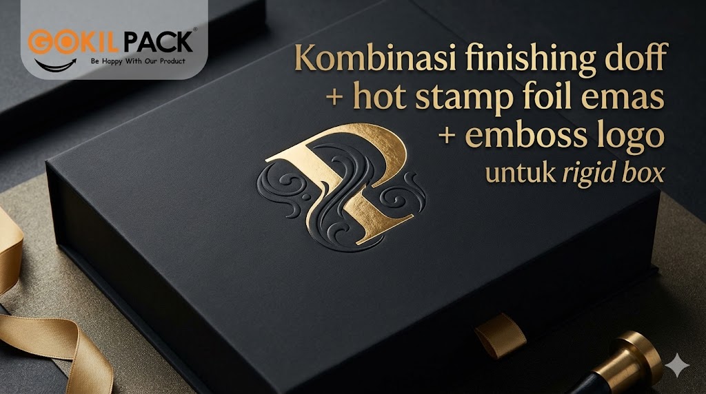 Berbagai pilihan finishing rigid box — hot stamp foil, emboss, spot UV, laminasi doff dari Gokil Pack