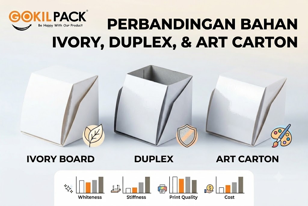 Perbandingan bahan softbox ivory board, duplex, dan art carton dari Gokil Pack