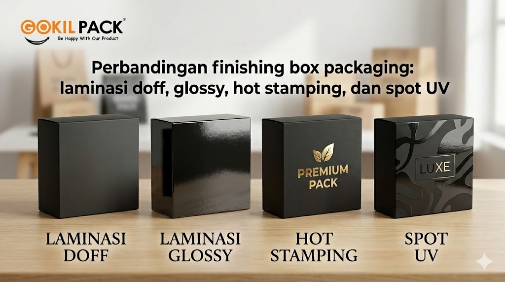 Perbandingan finishing box packaging: laminasi doff, glossy, hot stamping, dan spot UV