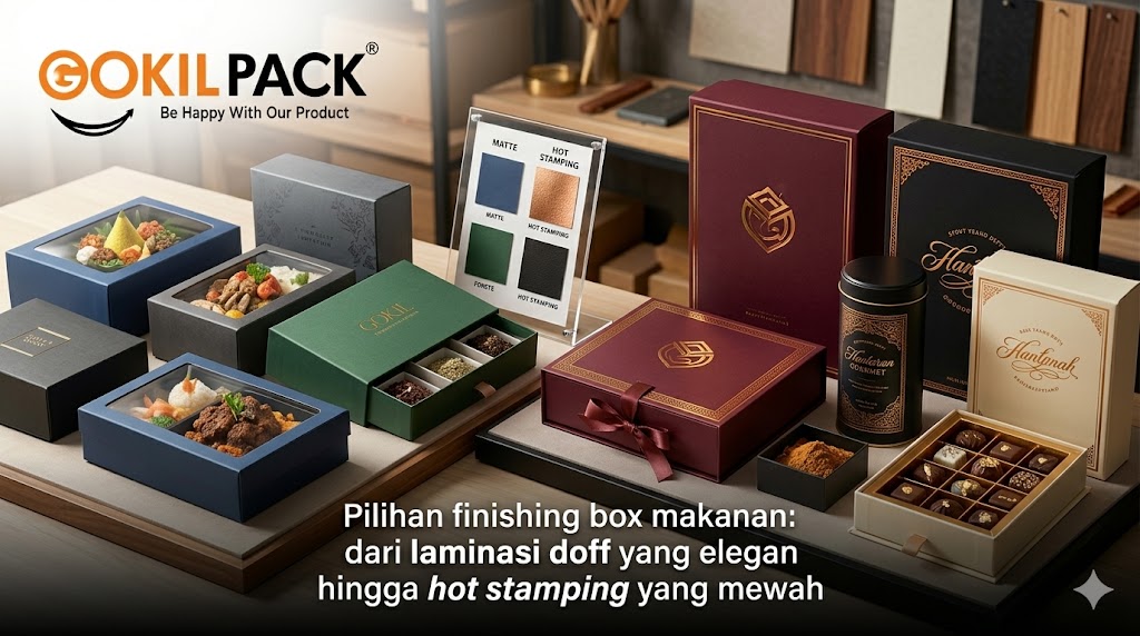 Berbagai pilihan finishing box makanan custom - laminasi doff, glossy, hot stamp