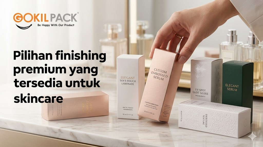 Berbagai pilihan finishing box skincare – doff, hot stamp, emboss, spot UV dari Gokil Pack