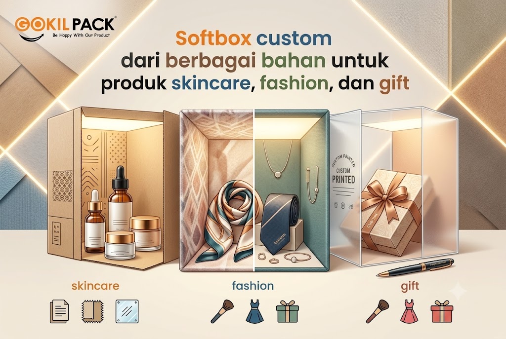 Softbox custom dari berbagai bahan untuk produk skincare, fashion, dan gift dari Gokil Pack
