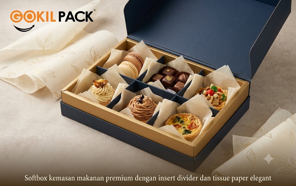 Softbox kemasan makanan premium dengan insert divider dan tissue paper elegant