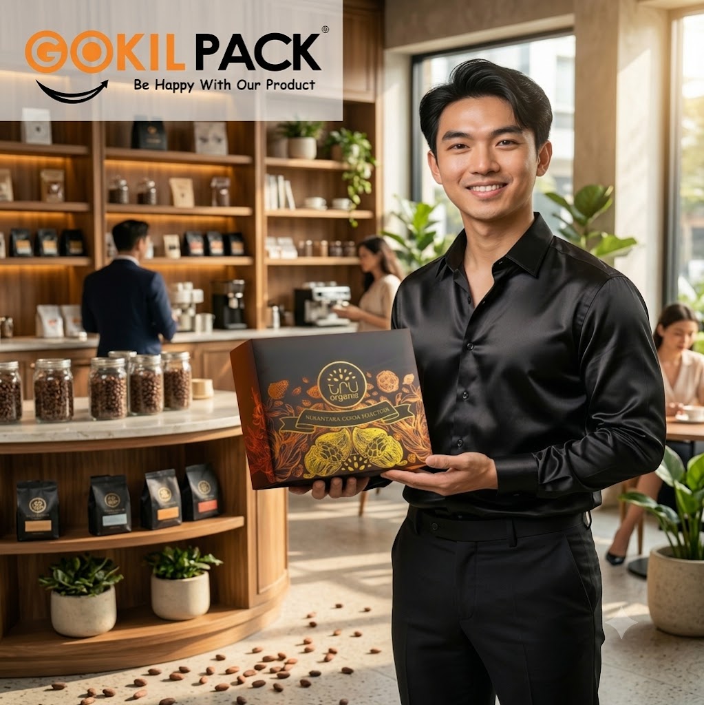 Koleksi kemasan custom produksi Gokil Pack — box, paper bag, dan gift packaging