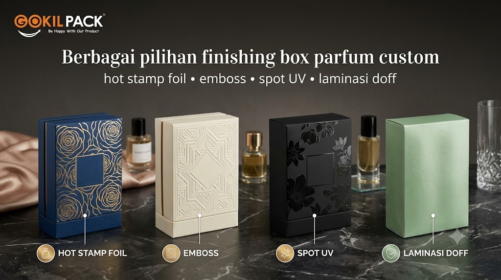 Berbagai pilihan finishing box parfum custom — hot stamp foil, emboss, spot UV, laminasi doff dari Gokil Pack