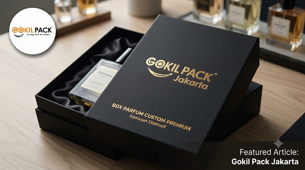 Box parfum custom premium dari Gokil Pack Jakarta — kemasan parfum eksklusif dengan finishing hot stamp dan laminasi doff