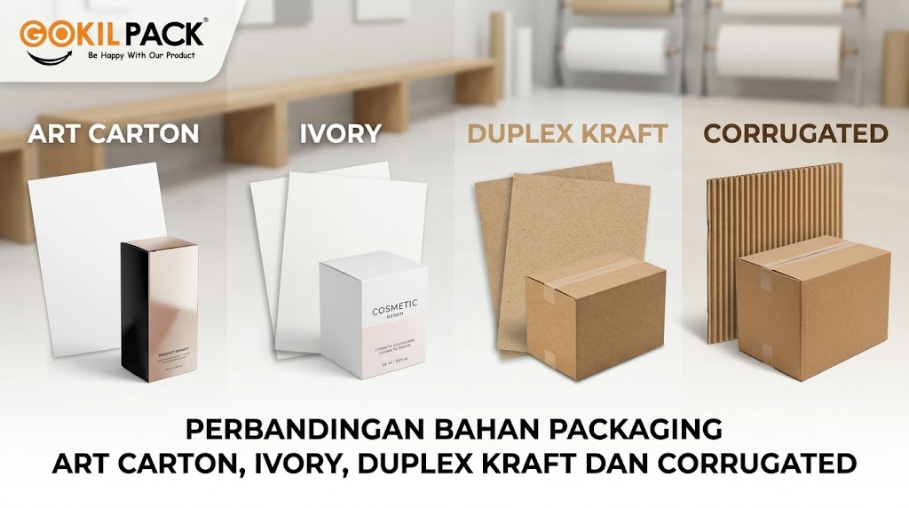 Perbandingan bahan packaging art carton ivory duplex kraft dan corrugated