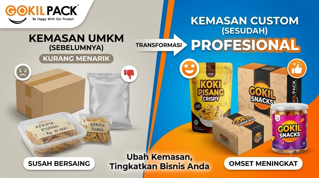 Perbandingan kemasan UMKM yang kurang menarik dengan kemasan custom yang profesional