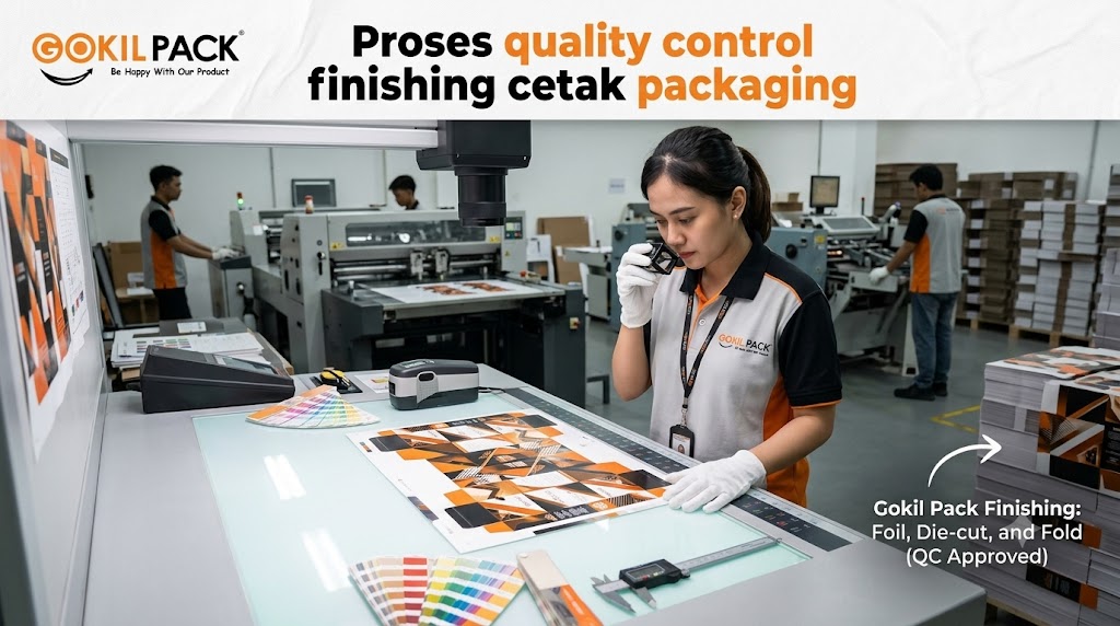 Proses quality control finishing cetak packaging di Gokil Pack